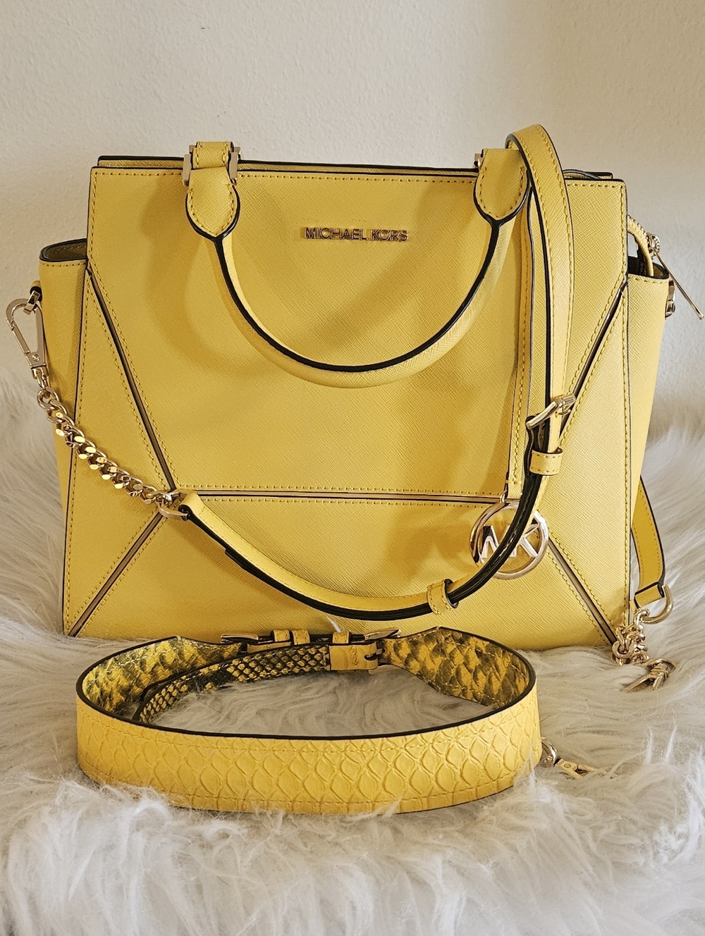 Michael Kors Yellow Saffiano Satchel with MK Charm - Picture 2 of 12